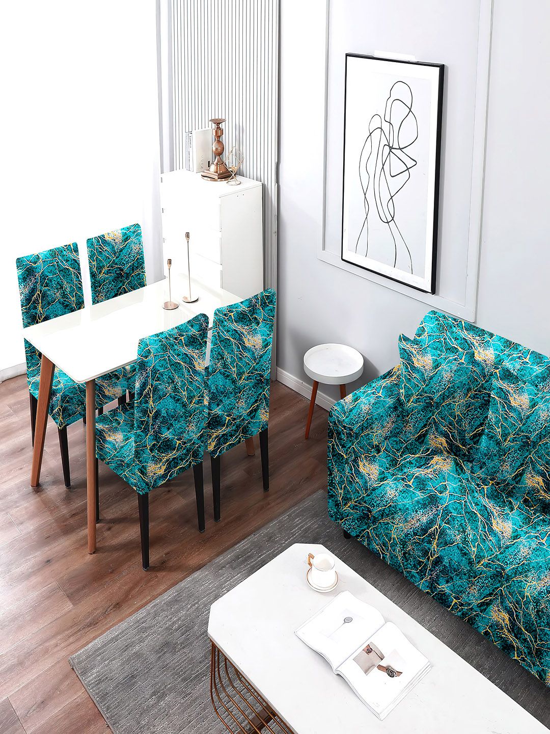 Cortina Teal Green Printed Polyester 4 Seater Stretchable Non-Slip Sofa Cover