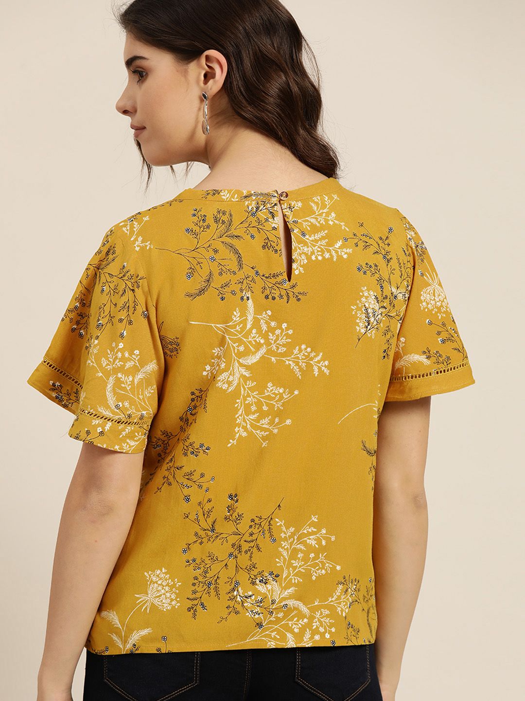 all about you Mustard Yellow Floral Print Top With Flared Sleeves