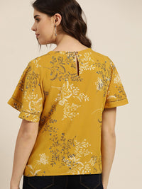 all about you Mustard Yellow Floral Print Top With Flared Sleeves