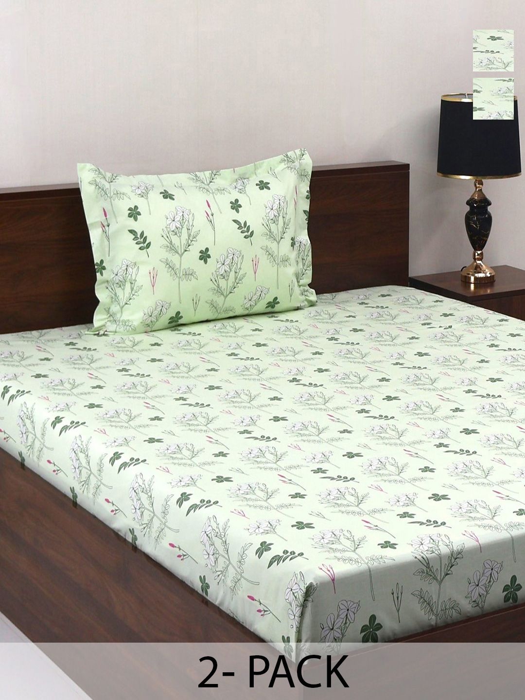 BOMBAY DYEING Green Vintage Printed Pure Cotton 180 TC  Bedsheet Set 1.52 m X 2.28 m