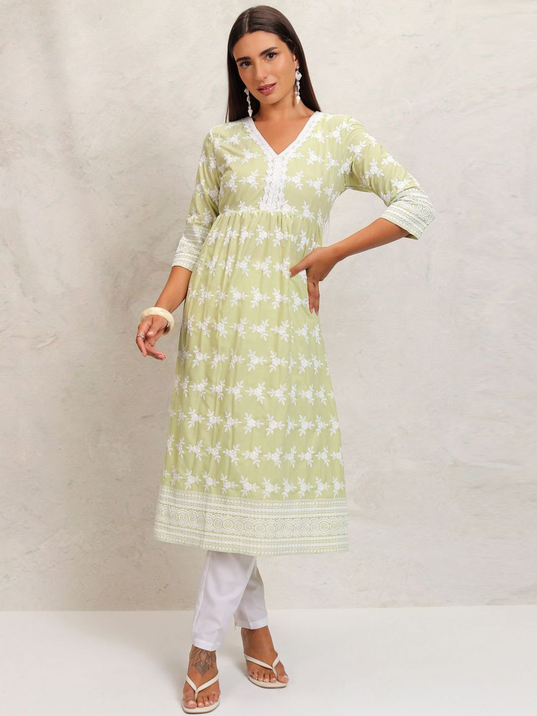 Vishudh Lime Green Floral Embroidered Thread Work Pleated A-Line Kurta