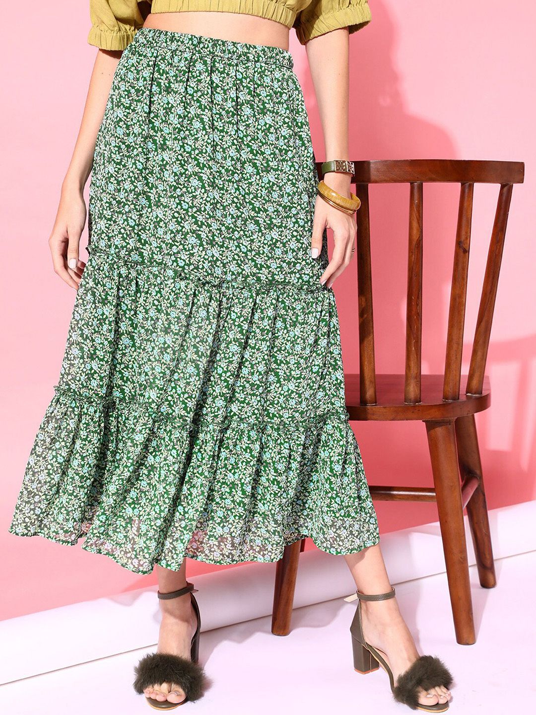 STREET 9 Women Green Floral Printed Maxi Skirt