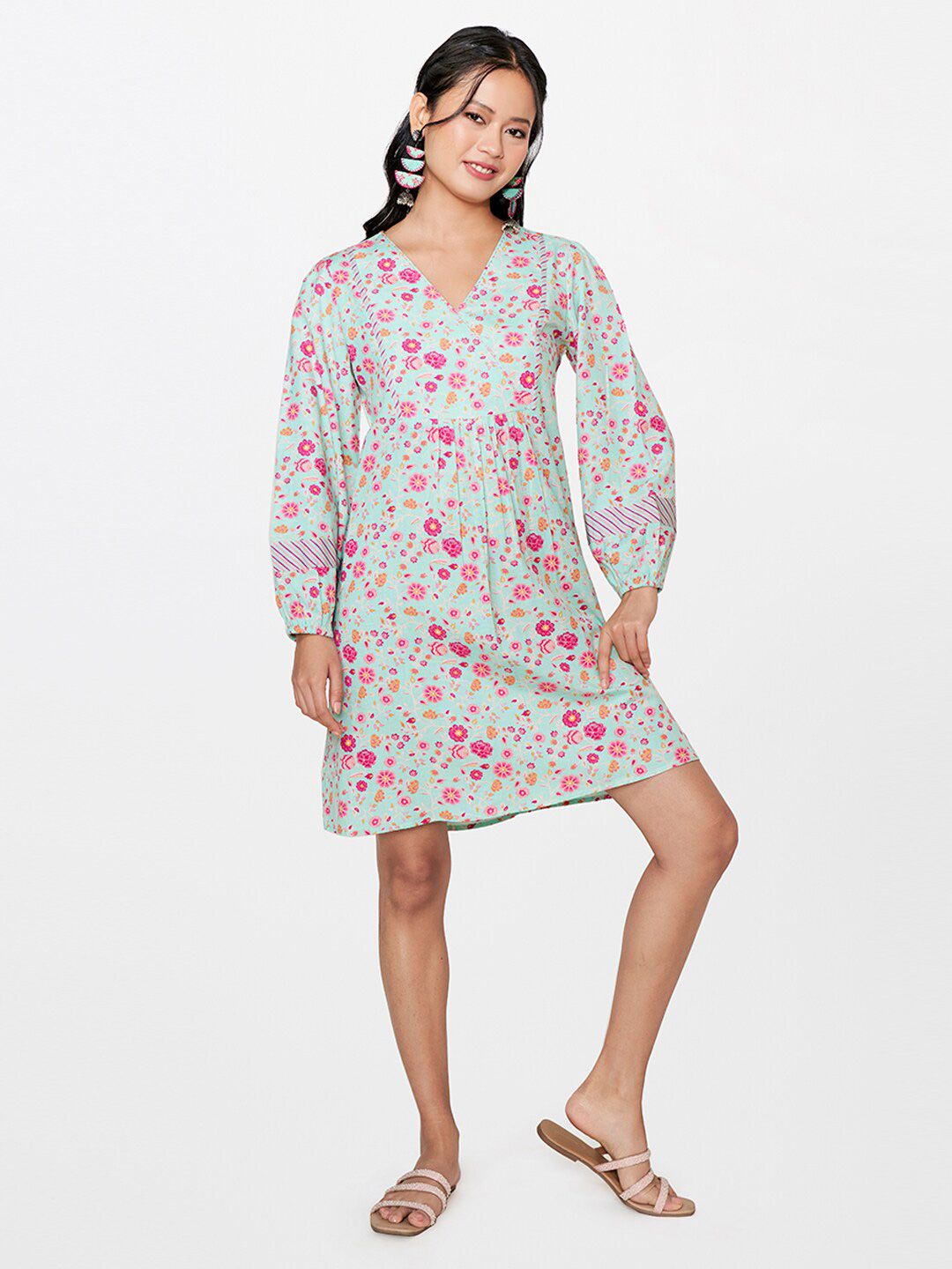 Global Desi Floral Printed Puff Sleeves A-Line Dress