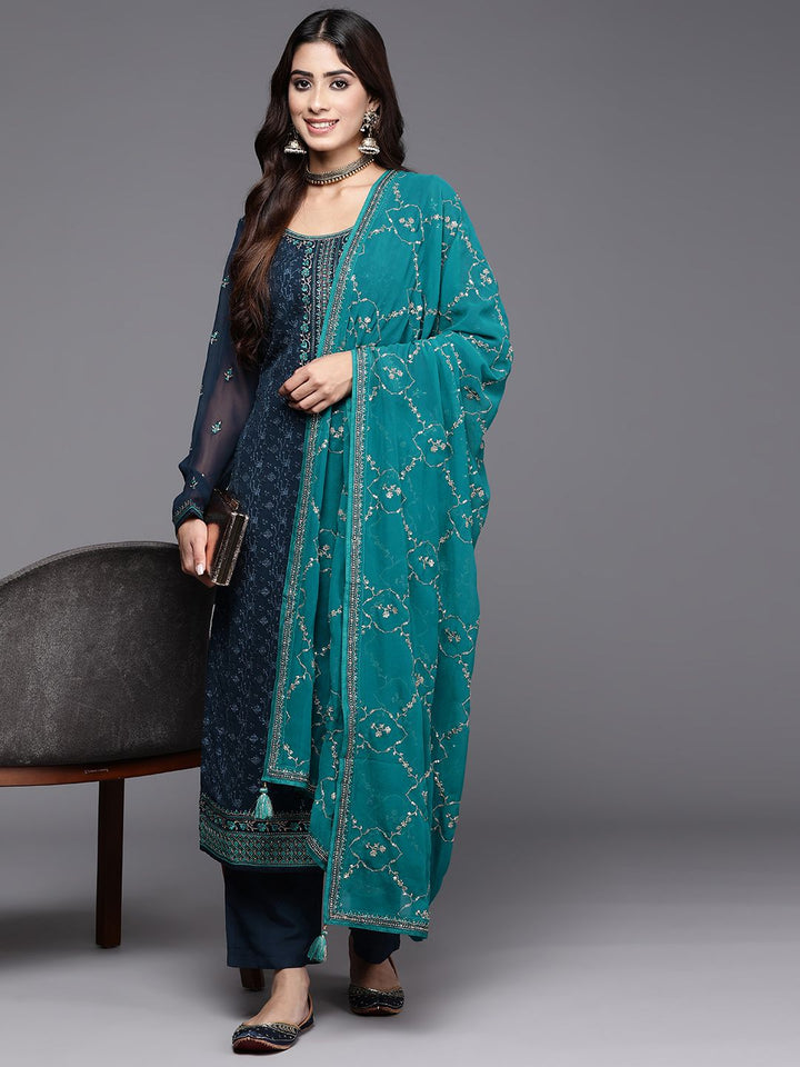 Libas Floral Embroidered Regular Mirror Work Kurta with Trousers & Dupatta