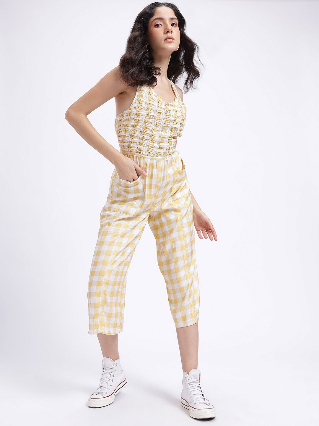 DressBerry Smocked Checked Styled Back Jumpsuit