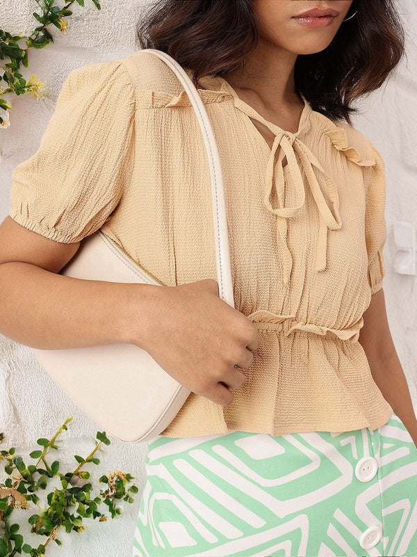 DressBerry Girly Glam Tie-Up Seersucker Ruched Peplum Crop Top