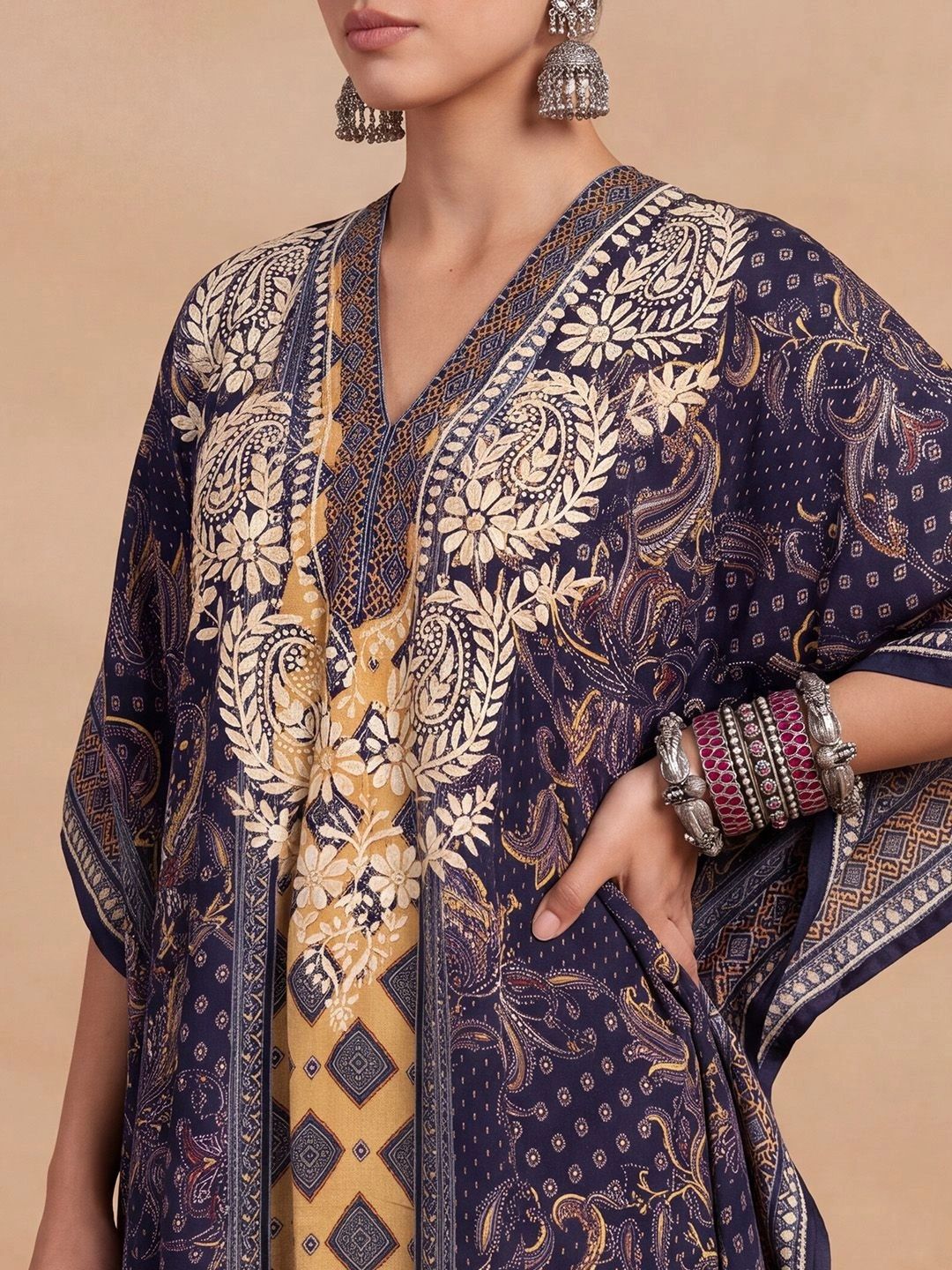 House of Chikankari Women Ethnic Motifs Printed Extended Sleeves Crepe Kaftan Kurta