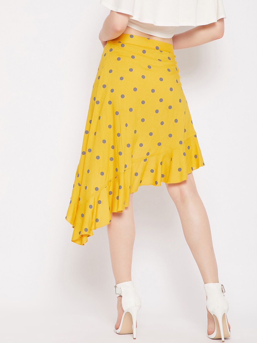 Berrylush Women Yellow & Purple Polka Dot Printed A-line Midi Asymmetric Ruffled Hem Skirt