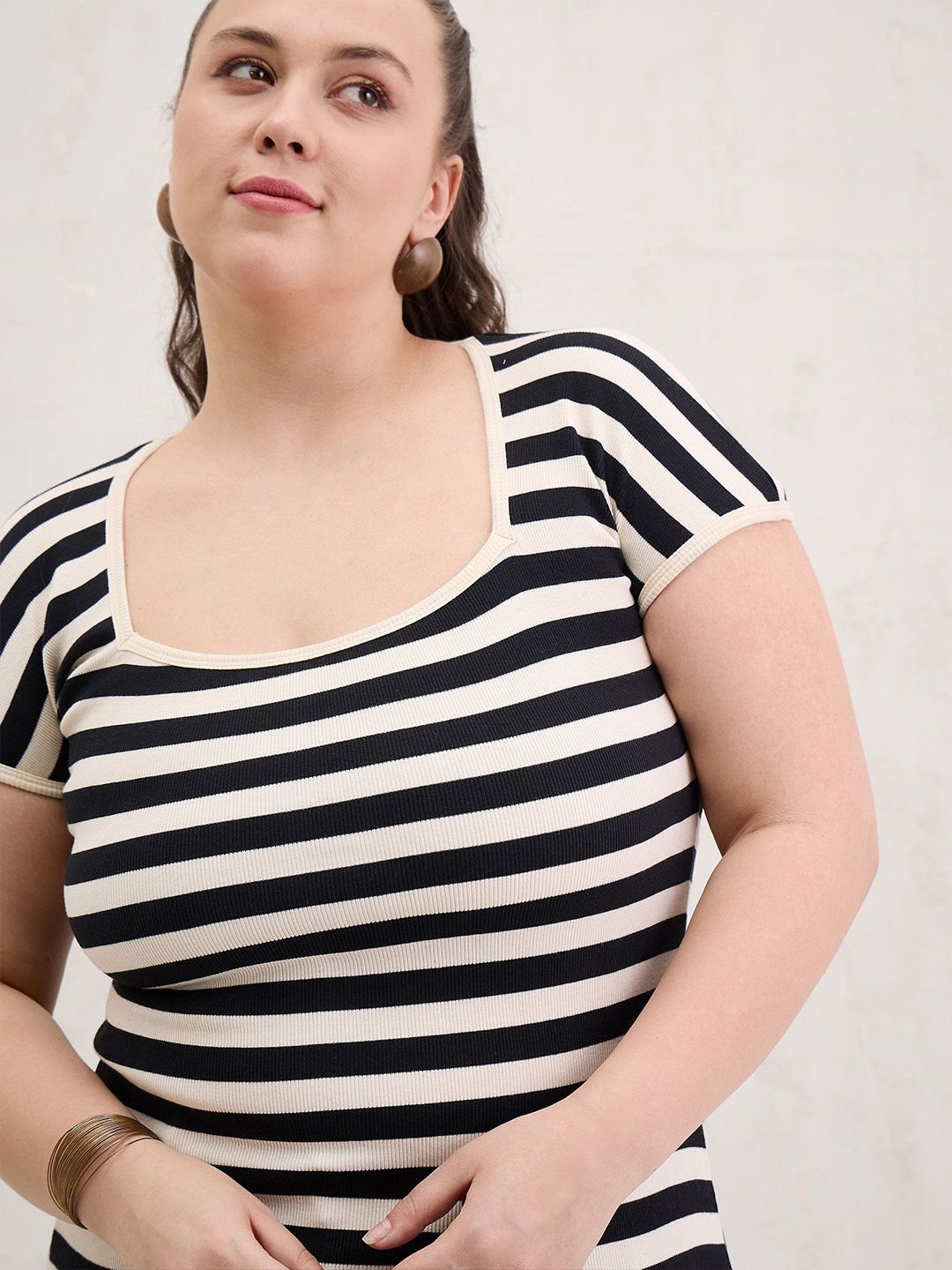 SASSAFRAS Women Plus Size Striped Cotton Top