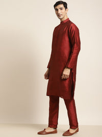 SOJANYA Men Maroon & Beige Kurta with Churidar & Printed Nehru Jacket