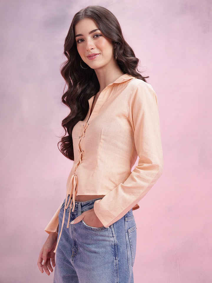 DressBerry Cotton Linen Tie-Up Back Shirt Style Top