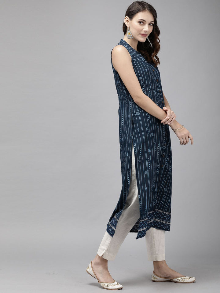 Anouk Women Navy Blue Printed Straight Kurta