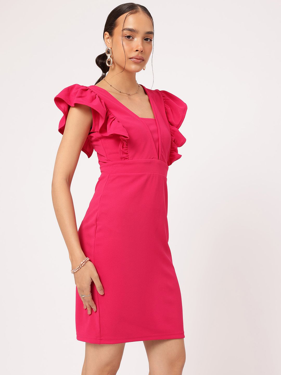DressBerry Barbiecore Ruffled Sheath Mini Dress With Slit
