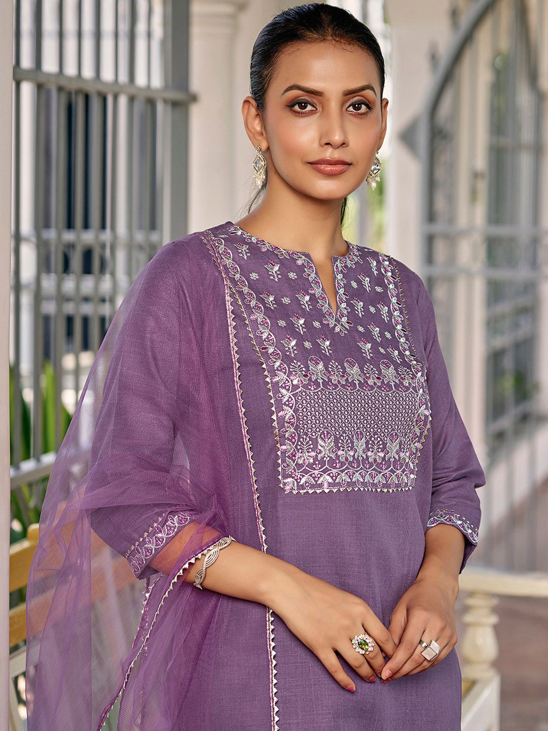 KALINI Floral Embroidered Regular Thread Work Straight Kurta With Trousers & Dupatta