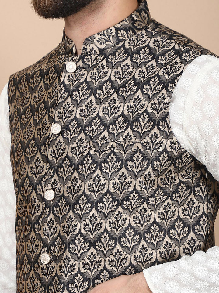 Anouk Cream-Coloured Floral Embroidered Pure Cotton Kurta with Churidar & Nehru Jacket