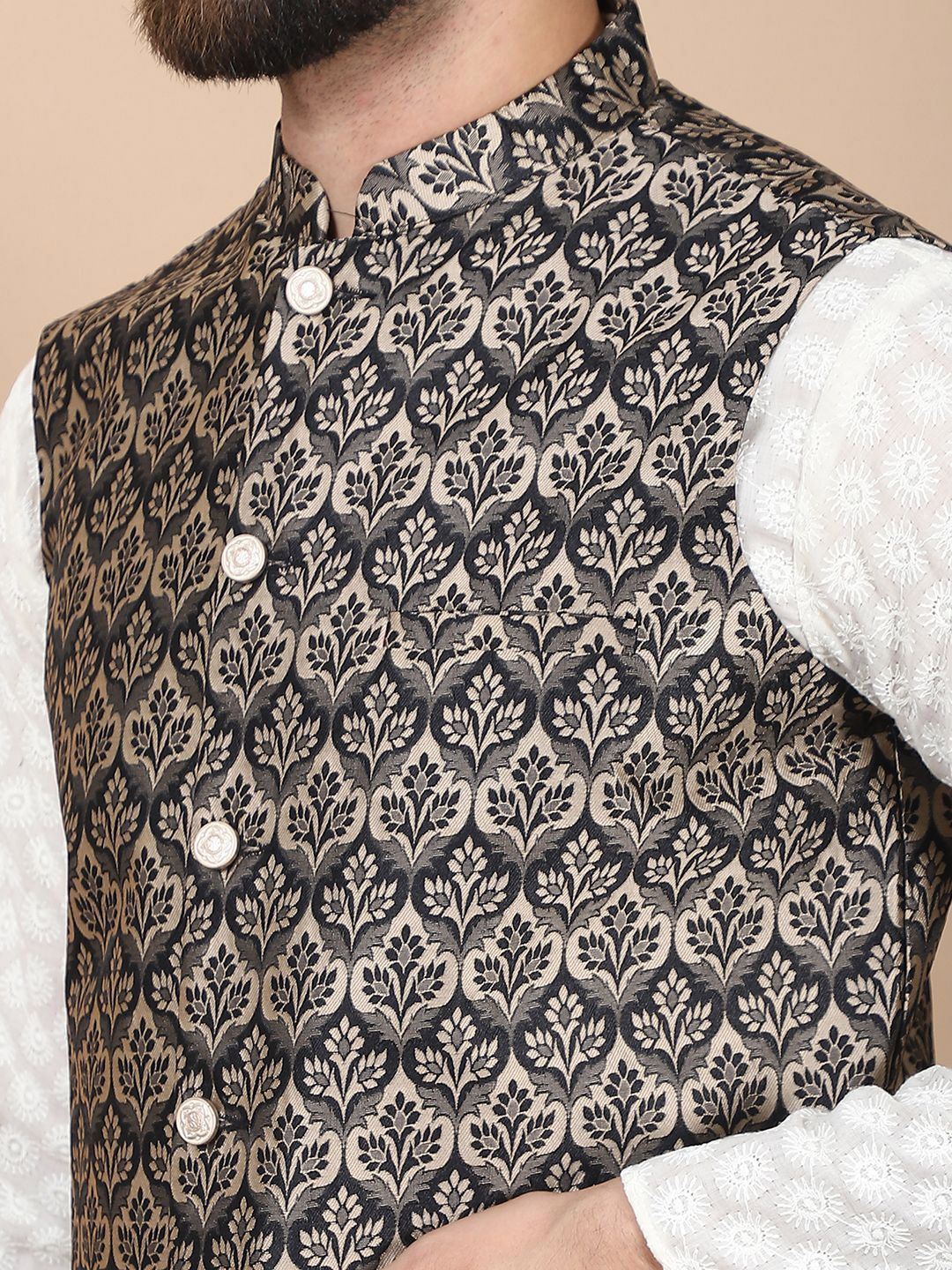 Anouk Cream-Coloured Floral Embroidered Pure Cotton Kurta with Churidar & Nehru Jacket