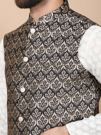 Anouk Cream-Coloured Floral Embroidered Pure Cotton Kurta with Churidar & Nehru Jacket