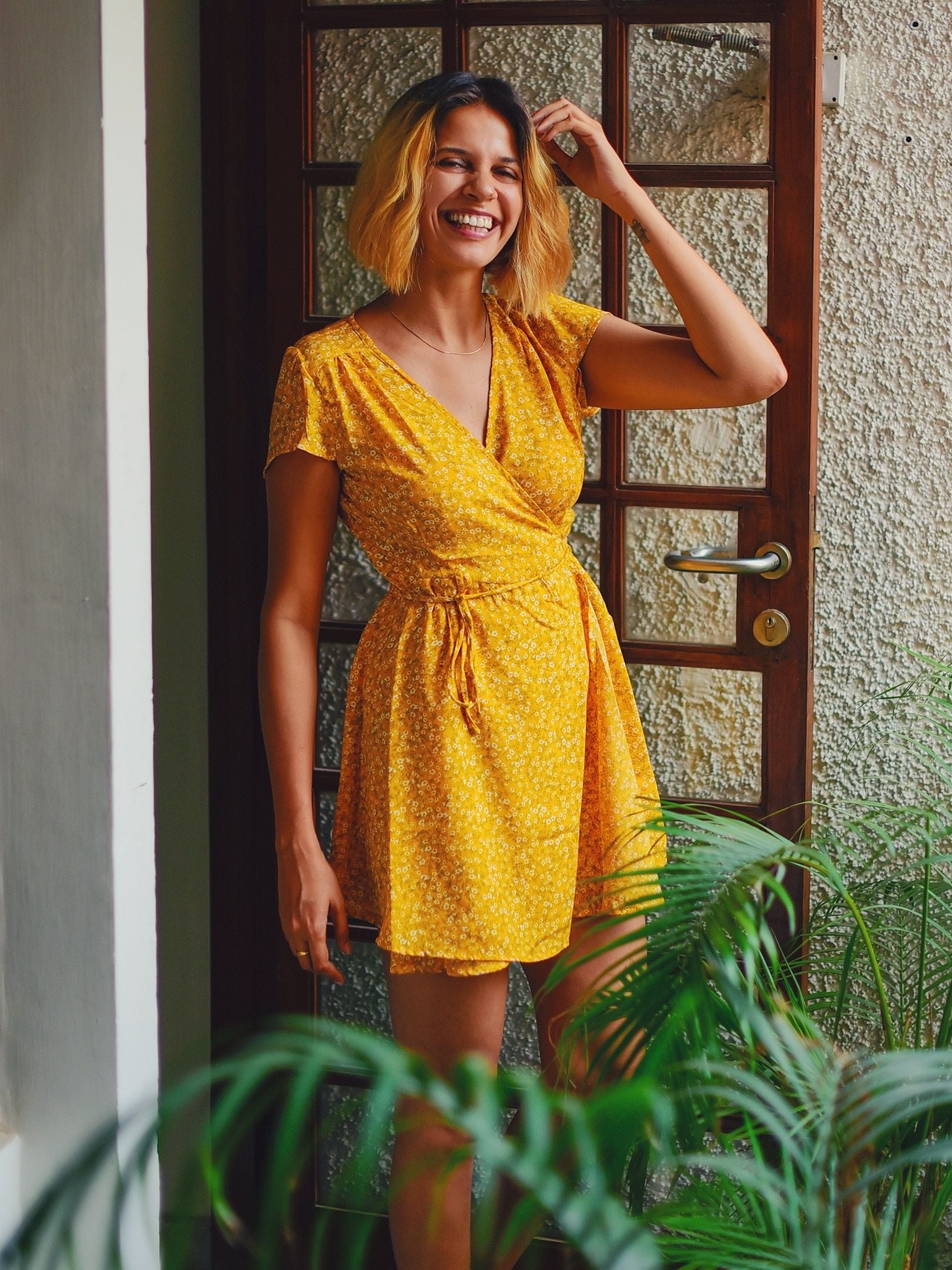 Berrylush Yellow Floral Crepe Ditsy Floral Printed Wrap Dress