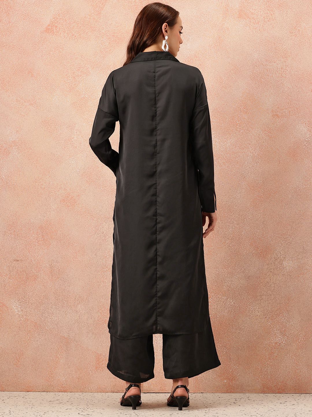 all about you Notched Lapel Collar Drop-Sleeves Satin Straight Kurta with Palazzos