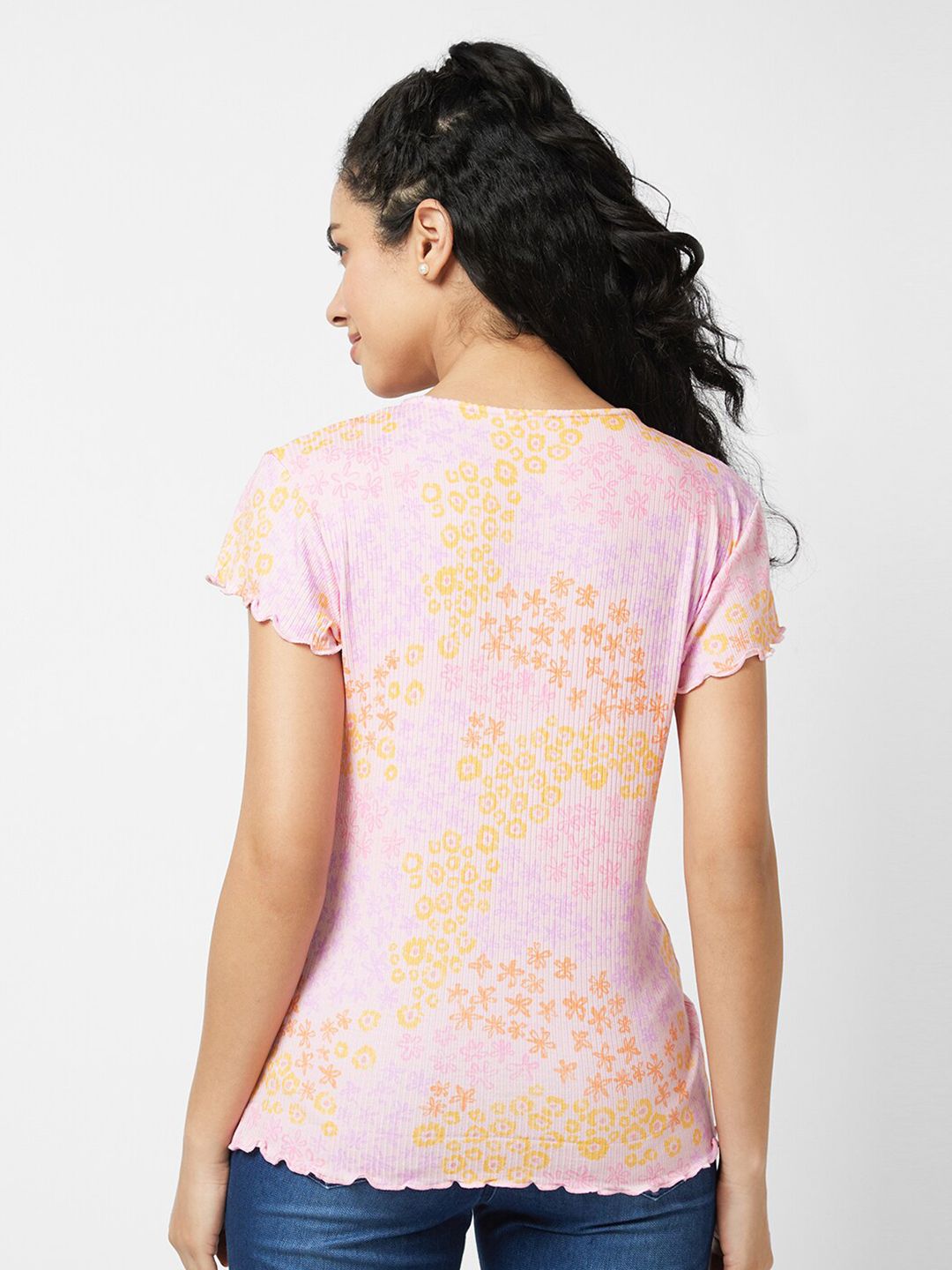 SPYKAR Floral Printed V-Neck Cotton Slim Fit T-shirt
