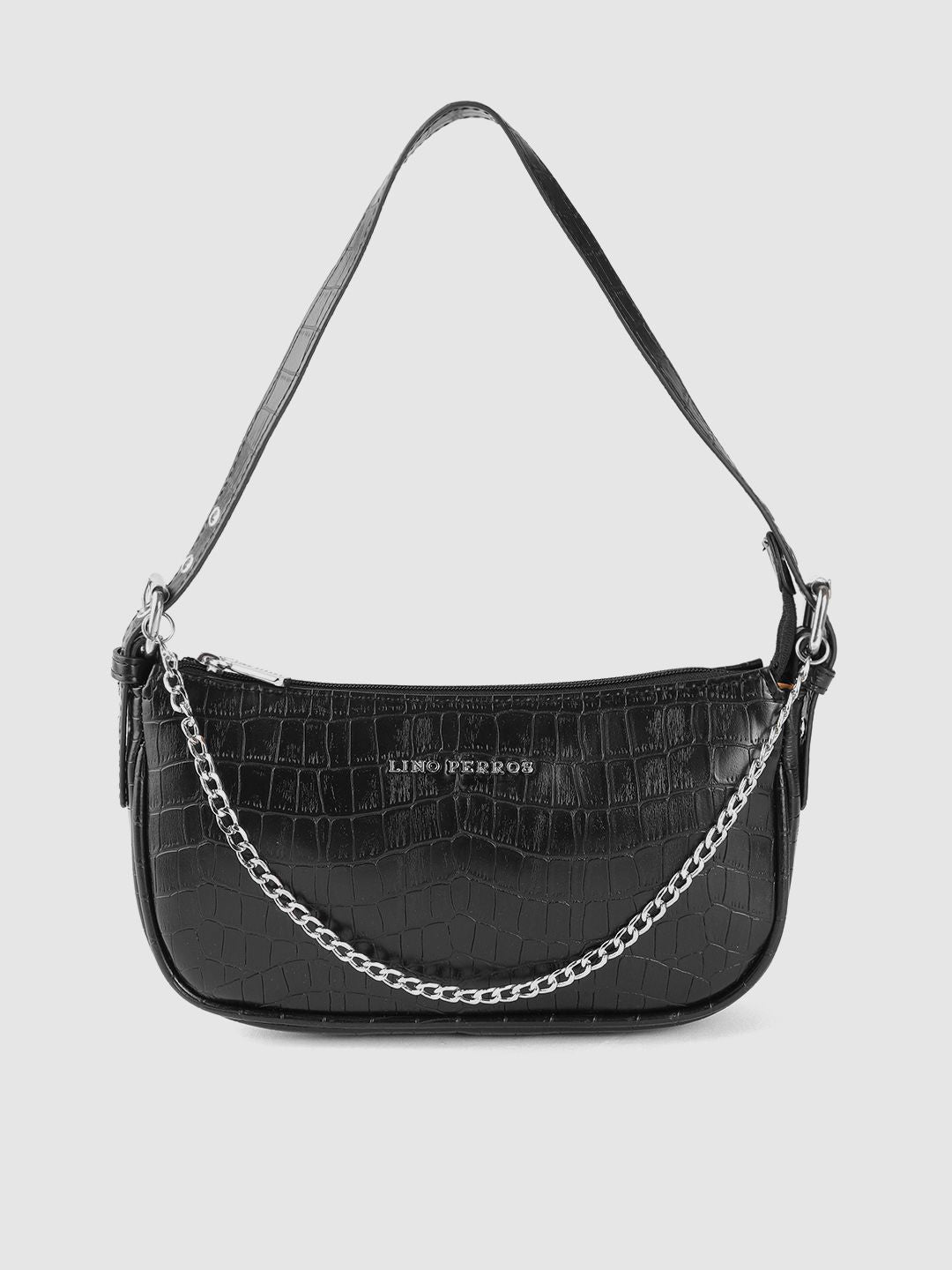 Lino Perros Black Croc Textured Baguette Bag