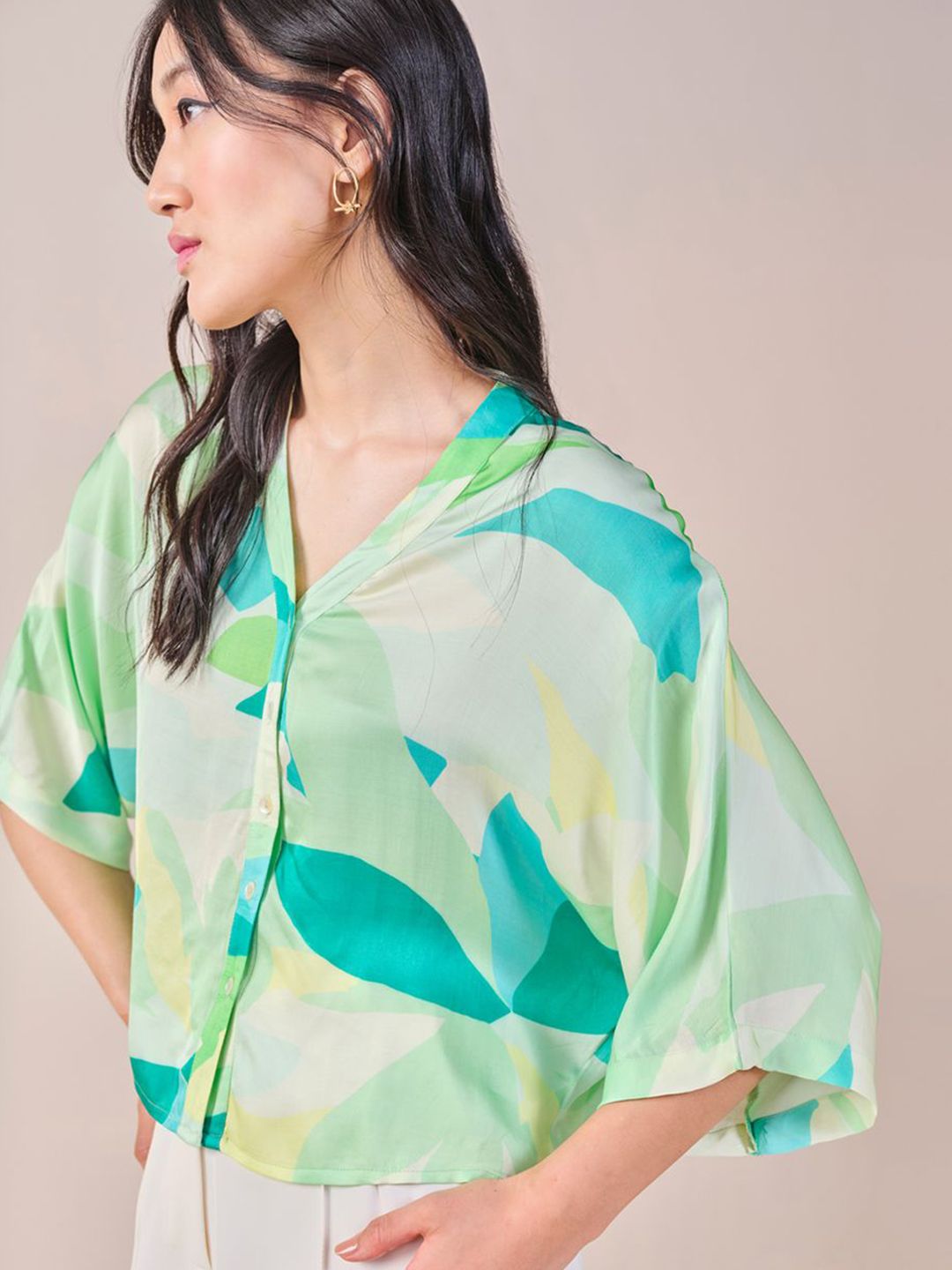 AND viscose rayon tropical print shirt collar extended sleeves shirt style top