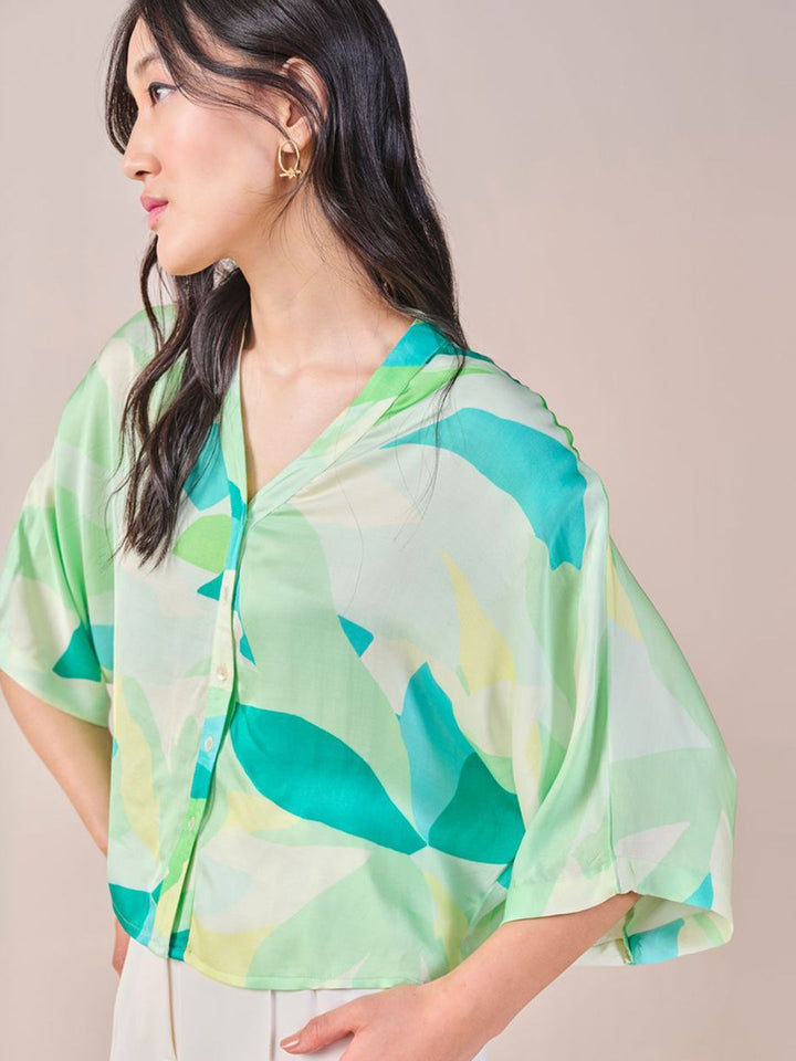 AND viscose rayon tropical print shirt collar extended sleeves shirt style top