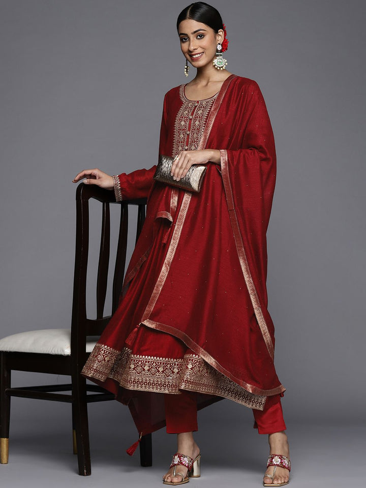 Libas Women Maroon Floral Embroidered Sequinned Kurta with Trousers & Dupatta