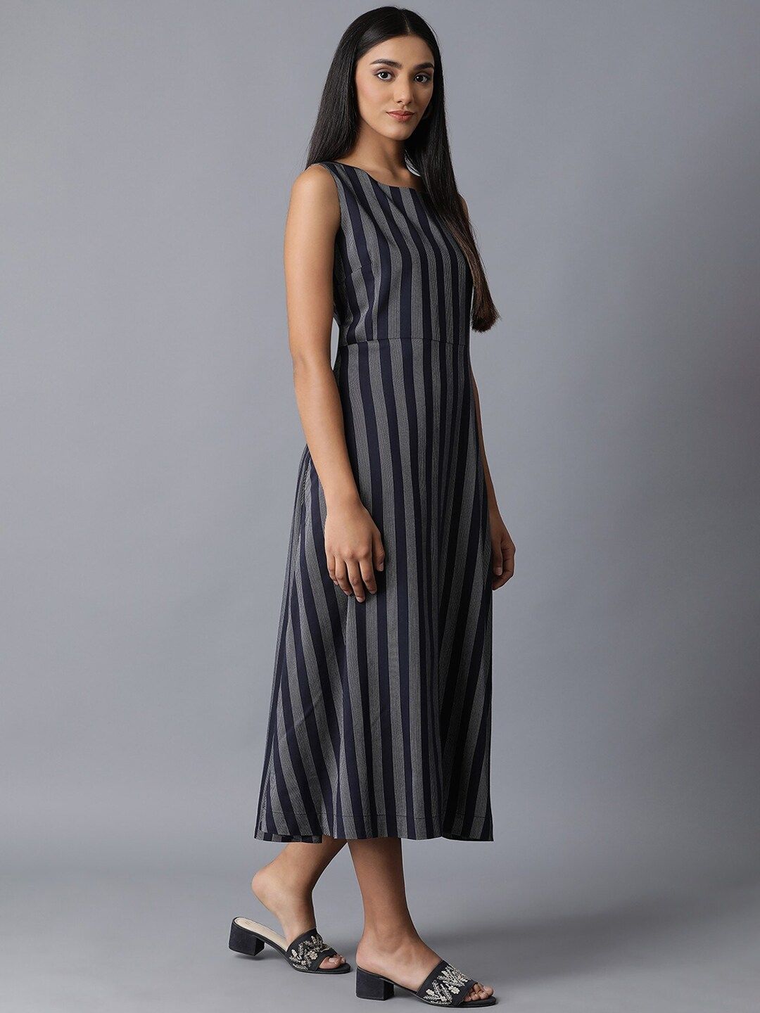 W Women Navy Blue Striped A-Line Dress
