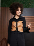 Athena Colourblocked Cuffed Sleeves Leather Shirt Style Crop Top