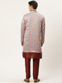 SOJANYA Men Maroon Layered Kurta with Churidar & Jacket