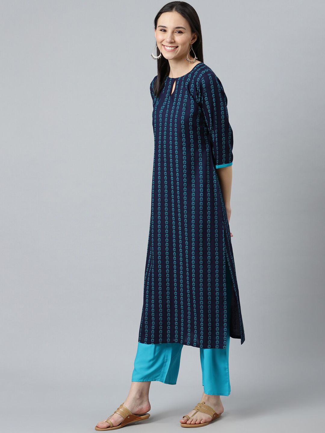 Libas Women Blue Striped Keyhole Neck Kurta