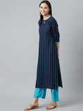 Libas Women Blue Striped Keyhole Neck Kurta