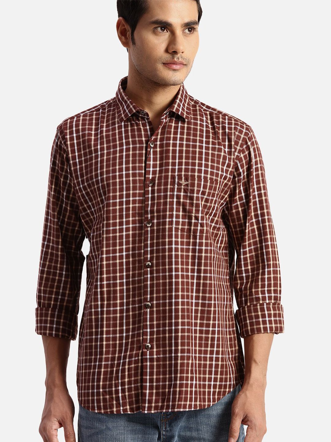 Park Avenue Spread Collar Long Sleeves Slim Fit Checked Casual Cotton Shirt