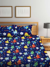 KLOTTHE Blue & Orange Cartoon Characters 300 TC Fitted King Bedsheet with 2 Pillow Covers