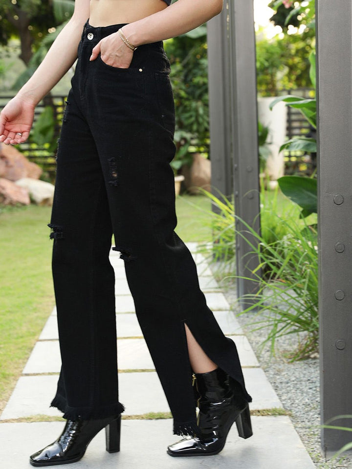 STREET 9 Women Black Flared High-Rise Mildly Distressed Pure Cotton Jeans