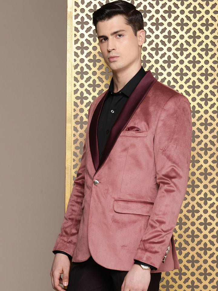 House of Pataudi Tailored Fit Striped Velvet Finish Single-Breasted Party Blazer