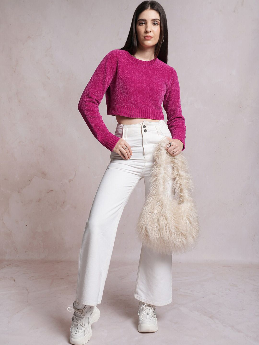 Tokyo Talkies Pink Acrylic Crop Pullover