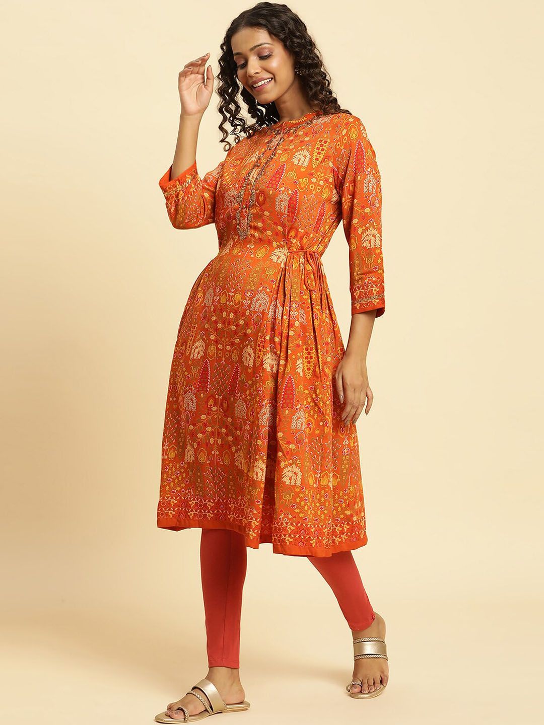 W Orange Ethnic Motifs Printed Mandarin Collar Sequinned Kurta