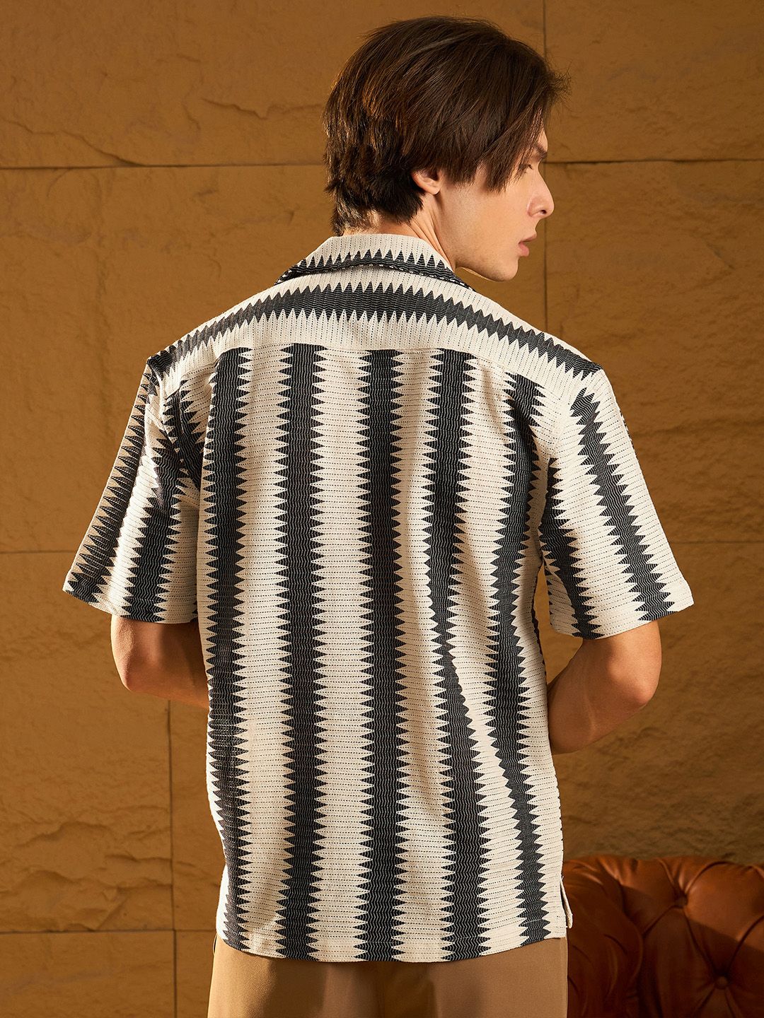 DENNISON Relaxed Vertical Striped Printed Cuban Collar Oversized Cotton Crochet Shirt
