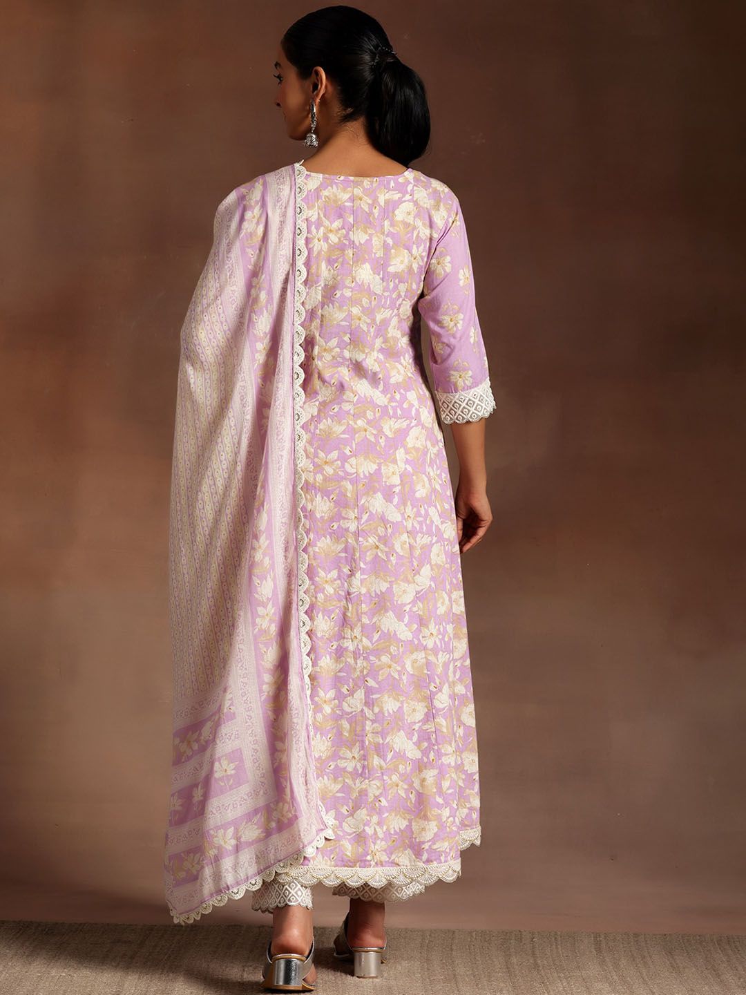 Libas Floral Printed Panelled Thread Work Pure Cotton A-Line Kurta With Trousers & Dupatta