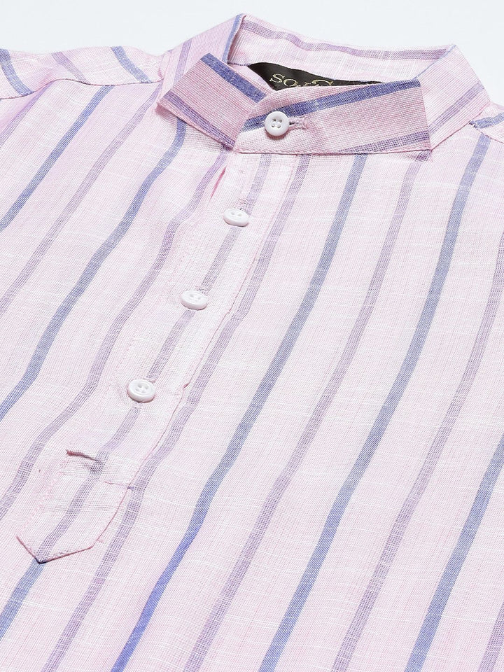 SOJANYA Men Pink & Blue Pure Cotton Striped Kurta