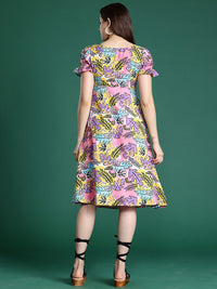 DressBerry Printed Puff Sleeves Fit & Flare Midi Dress
