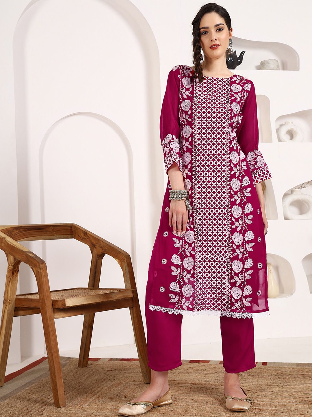 KALINI Floral Embroidered Chikankari Georgette Straight Kurta With Trousers & Dupatta