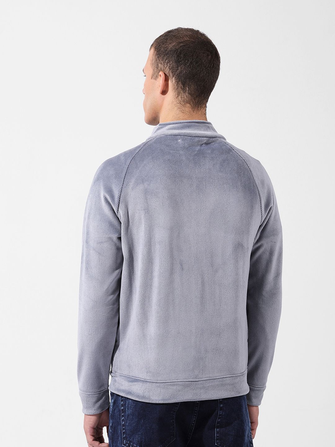 The Indian Garage Co Men's Regular Fit Self Design Corduroy Zip Up High Neck Sweatshirt