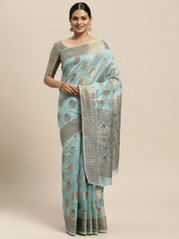 Saree mall Turquoise Blue Floral Silk Blend Banarasi Saree