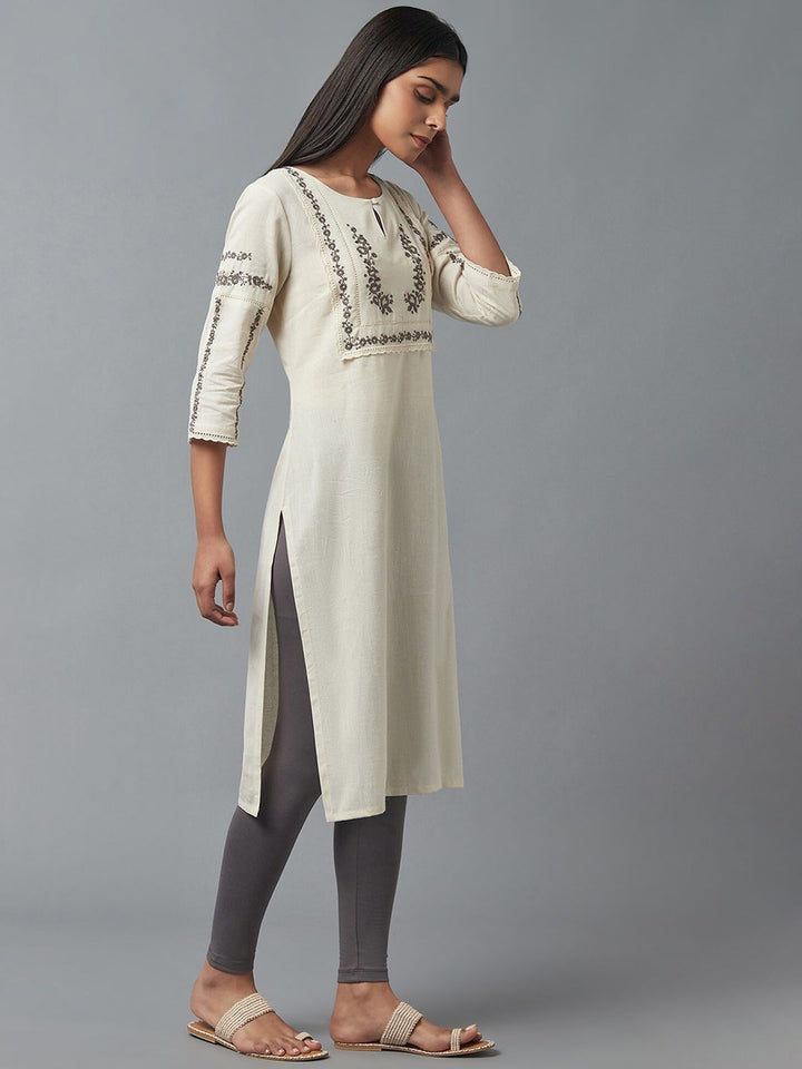 W Women Beige Floral Yoke Design Thread Work Kurta