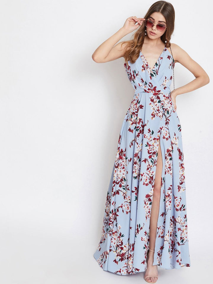 Berrylush Blue Floral Printed Maxi Dress