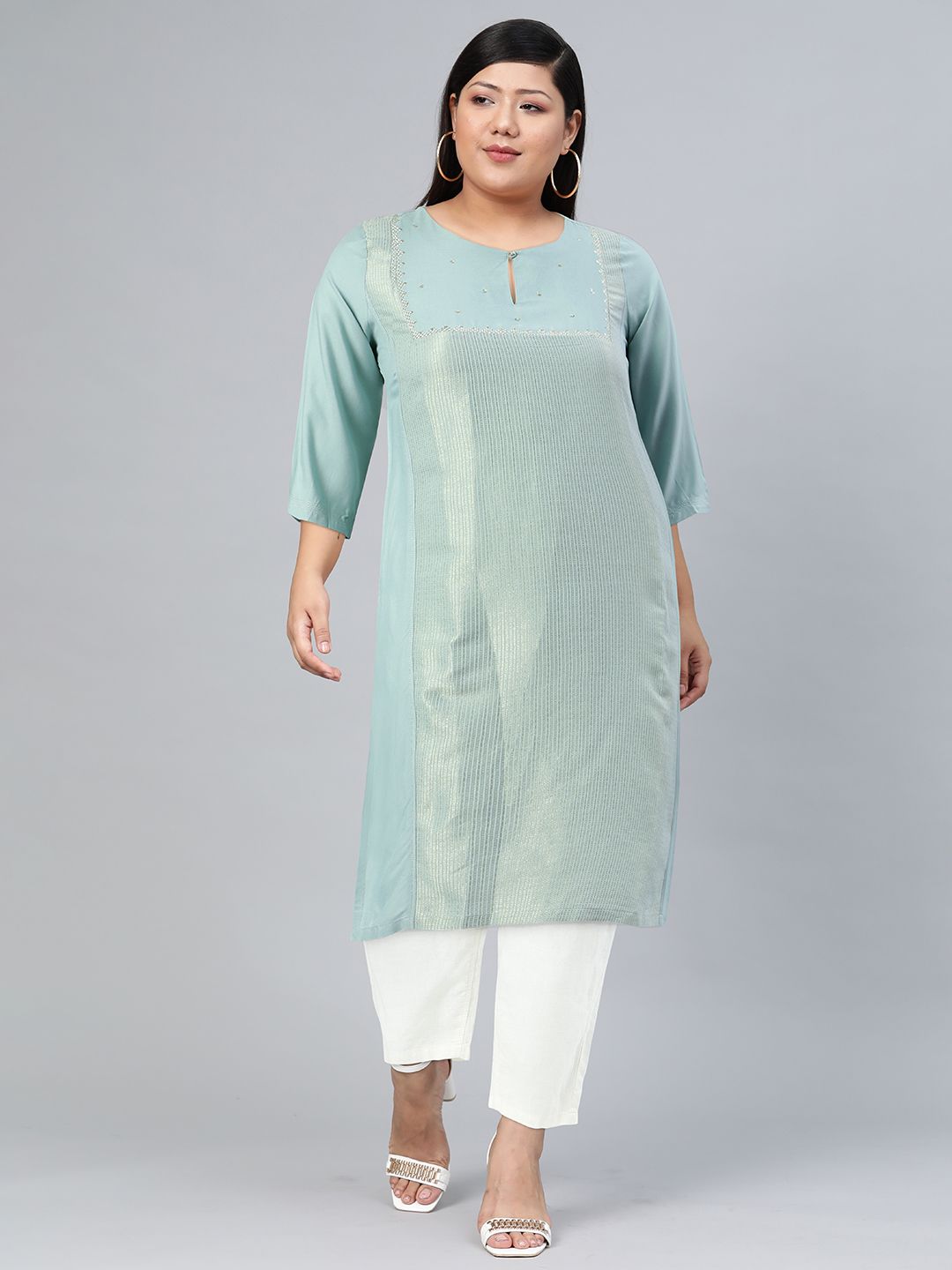 W Women Jacquard Kurta with Embroidered Yoke