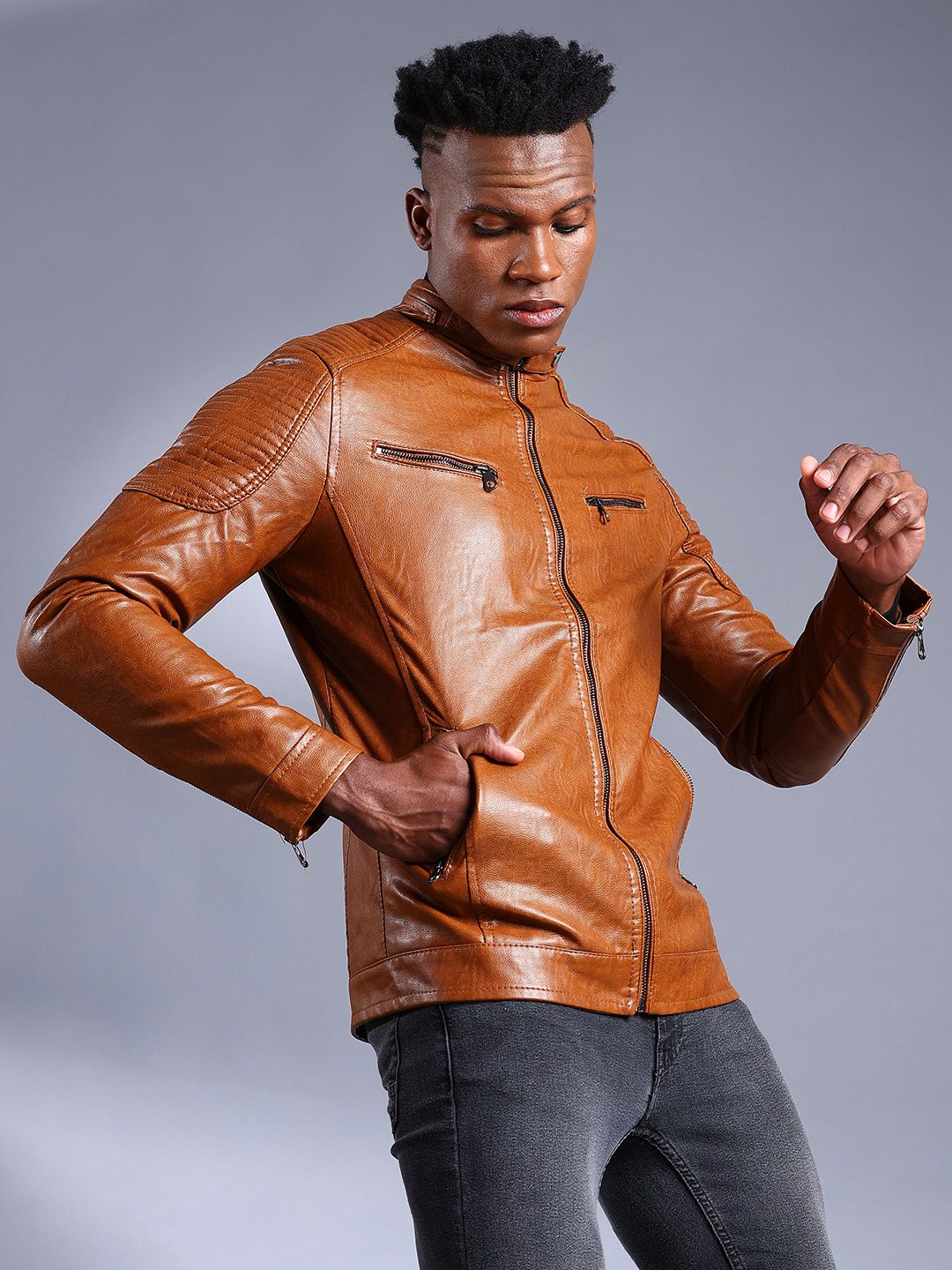 The Indian Garage Co Men Brown Solid Faux Biker Jacket